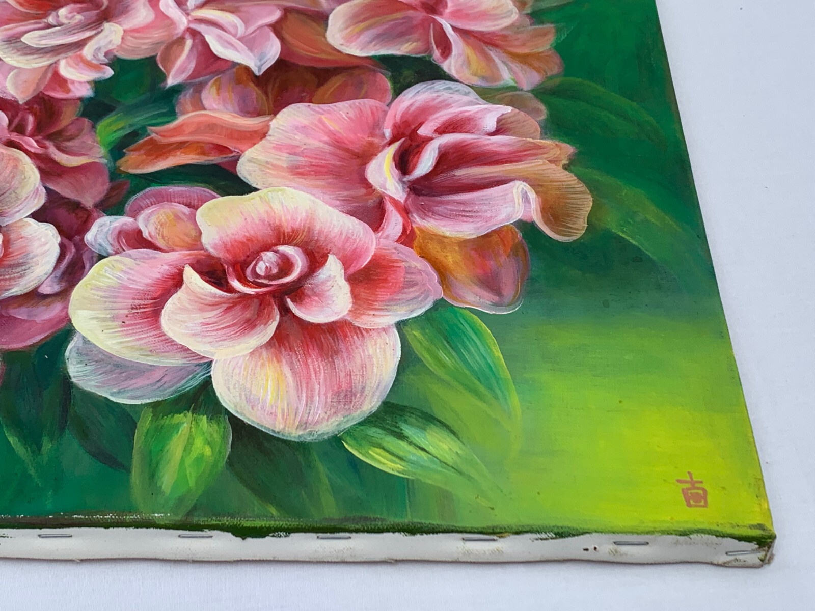 TROPICAL PINK FLOWERS OIL PAINTING ASIAN CHINESE JAPANESE SIGNED ORIGINAL FLORAL