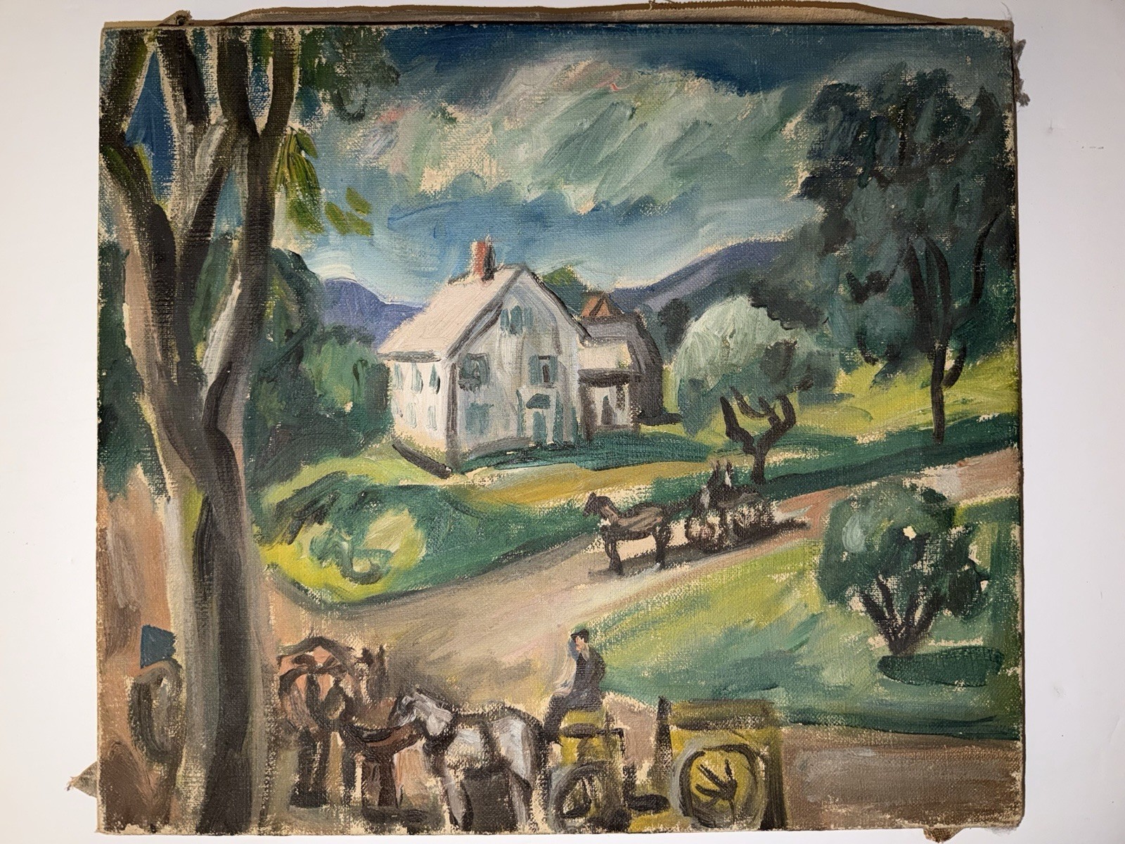 ORIGINAL American Regionalism PAINTING Landscape Farm WPA Style Madge Huntington