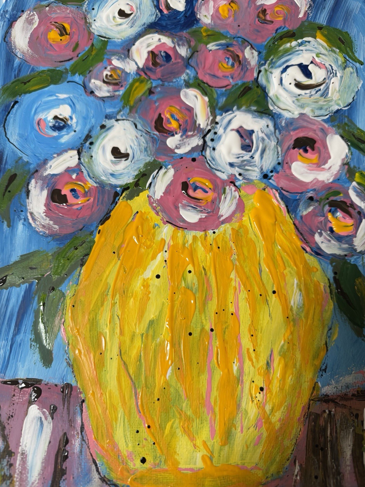 Original OOAK Yellow Floral Vase Canvas Painting Unframed