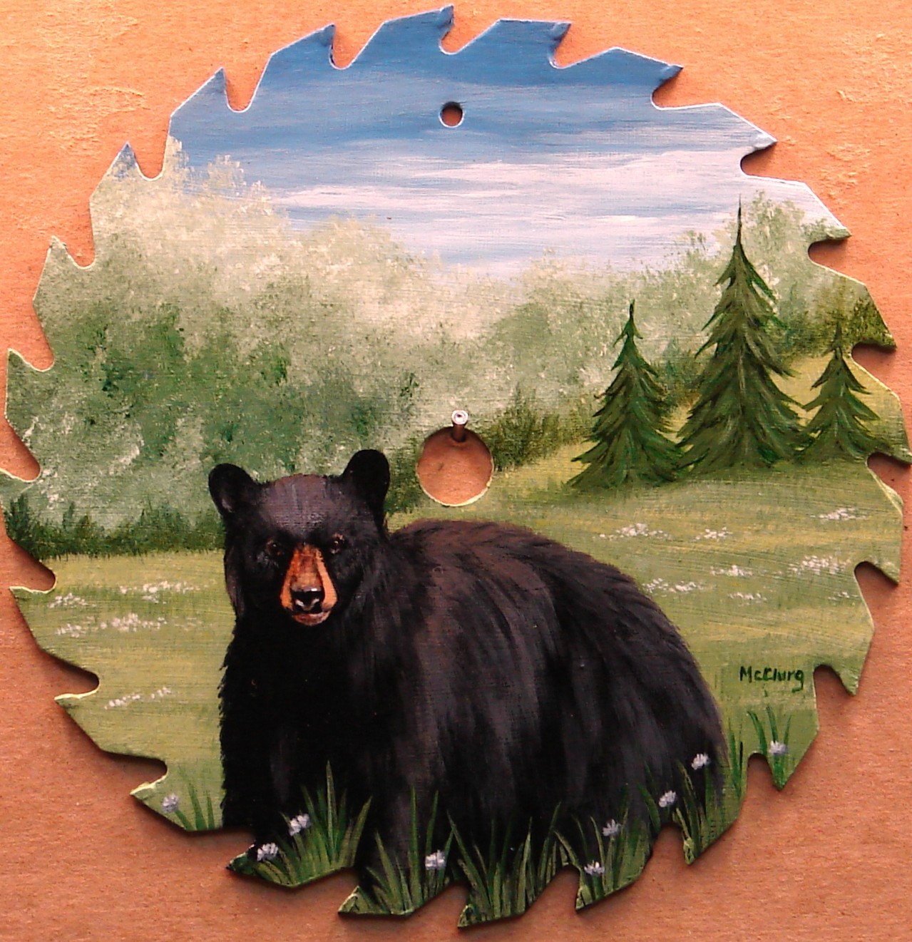 Original Hand Painted Saw Blade Black Bear in Spring 7.25 inches Acrylic