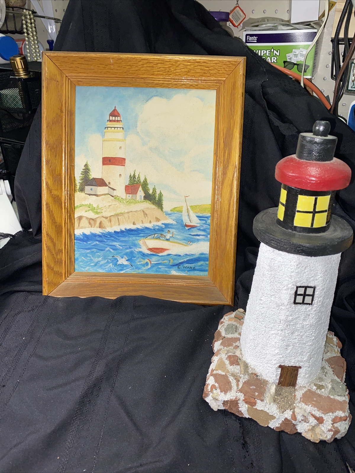 Vintage Painting Of Lighthouse, Signed E,Ward And Handmade Lighthouse