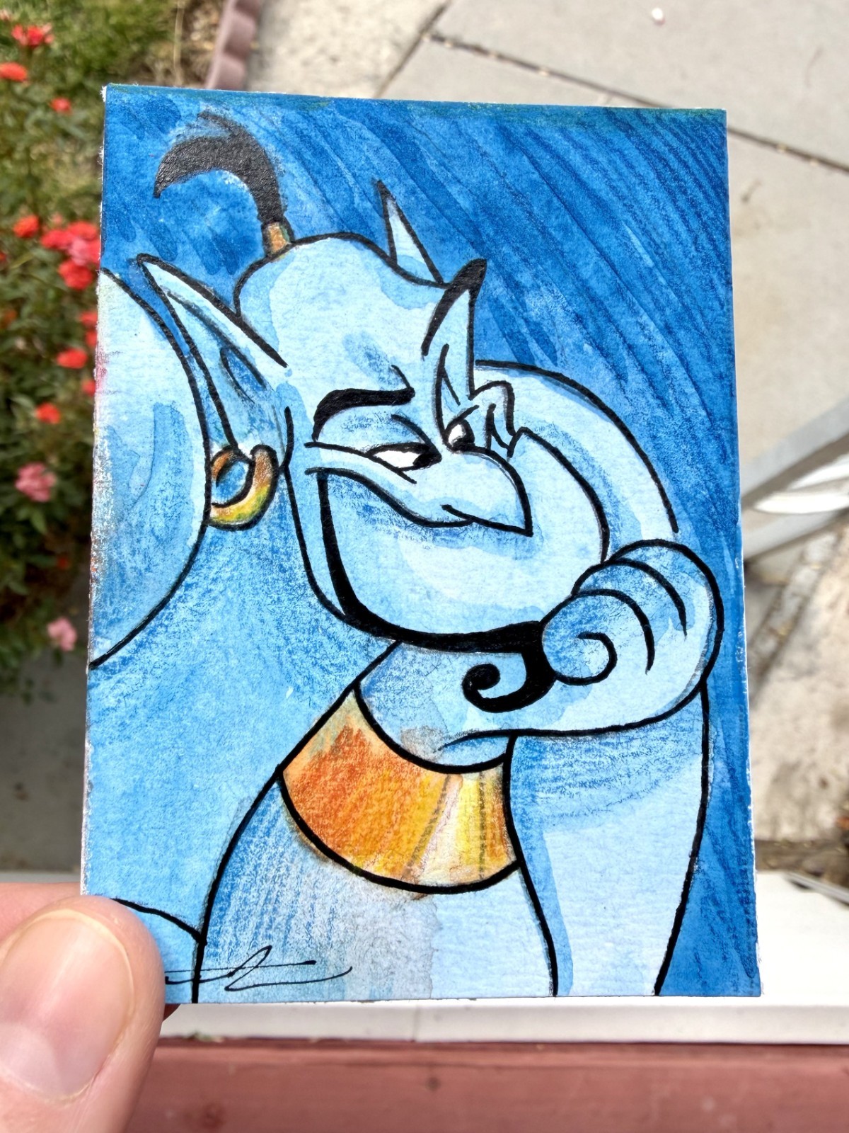 Original ACEO Genie Painting by Alannah Dyer- Mini Art 2.5×3.5 in Disney Aladdin