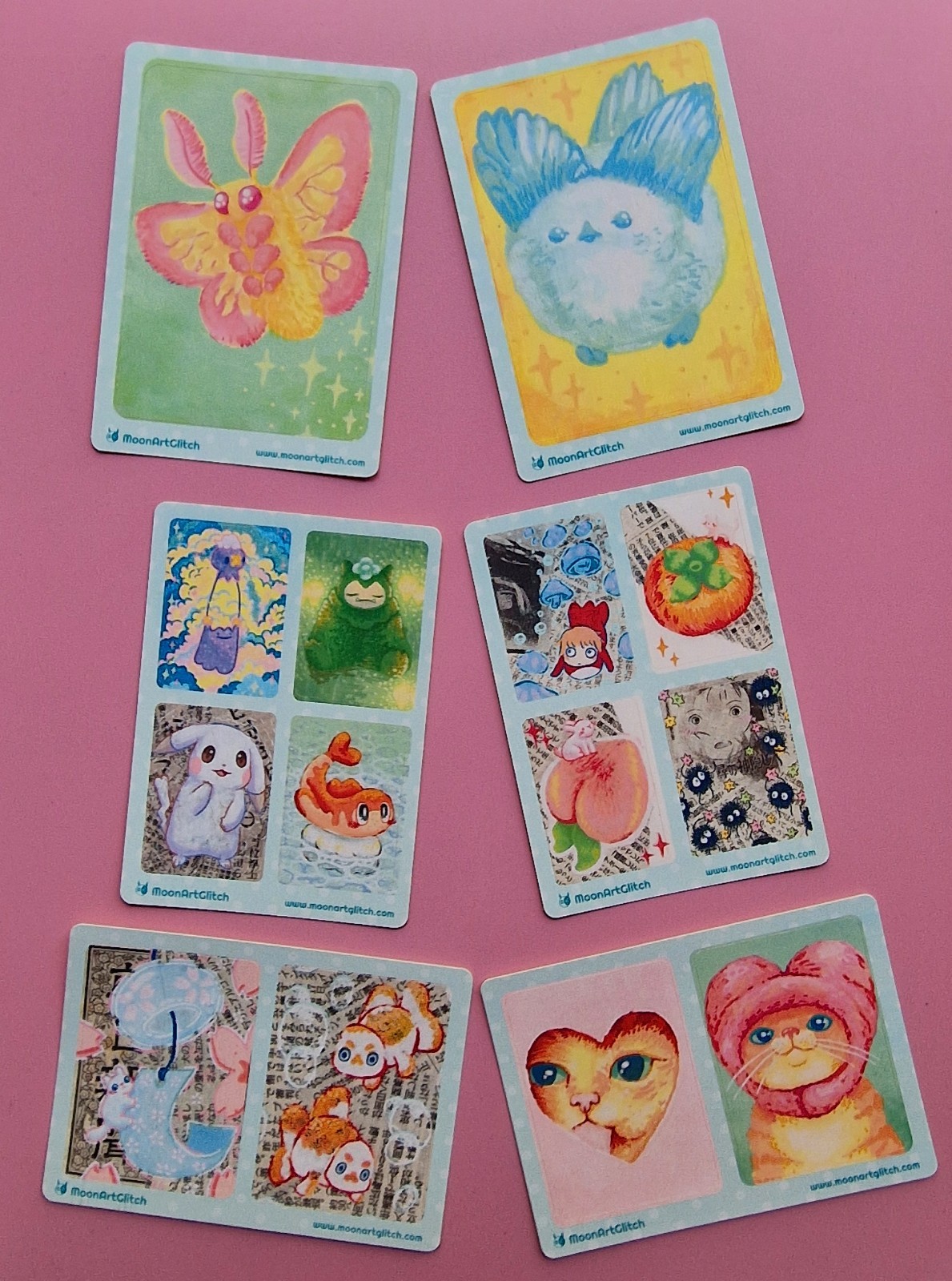 Aceo PRINT STICKER by MoonArtGlitch ~ Pack 4A ~ Moth Bird Cat Fish Animal Cards