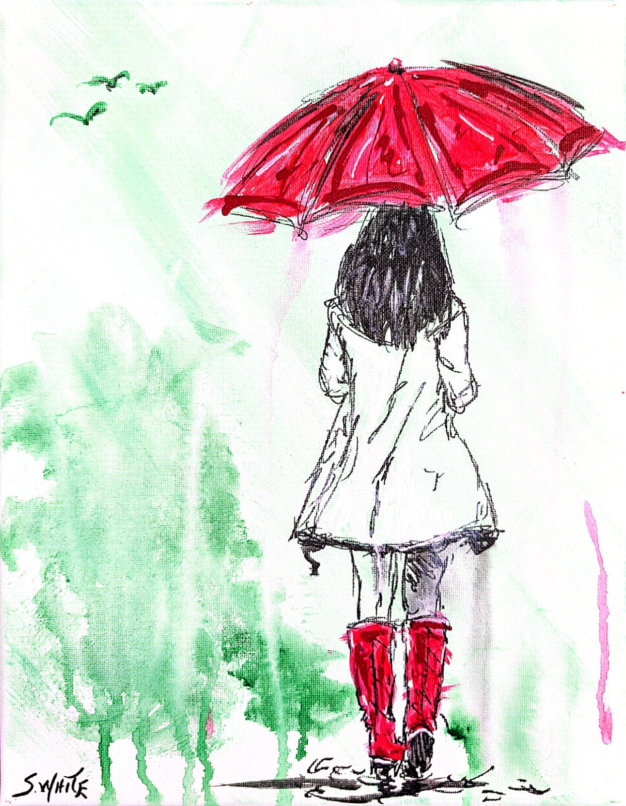 Woman Umbrella Original Painting Canvas Rain Pop Art Gestural Expression SWhite