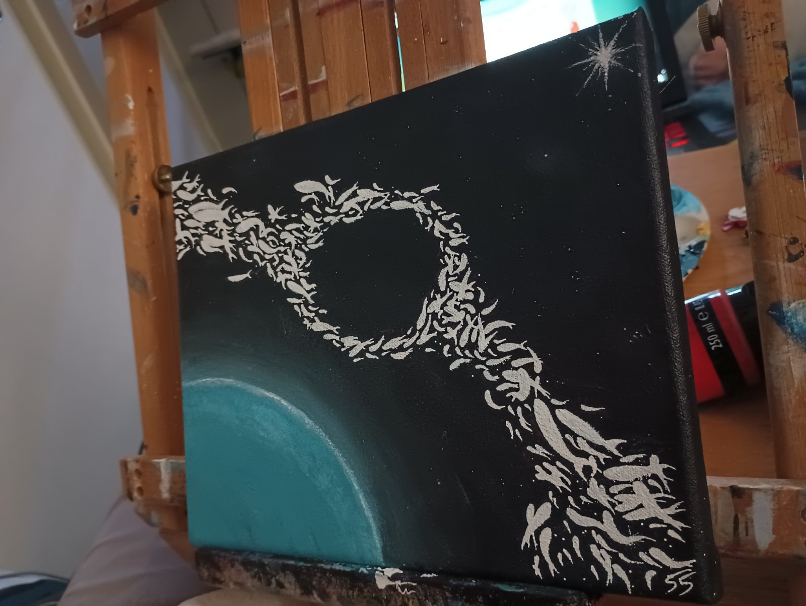 Abstract Outer Space Fish Acrylic Painting on Canvas, Original Signed OOAK