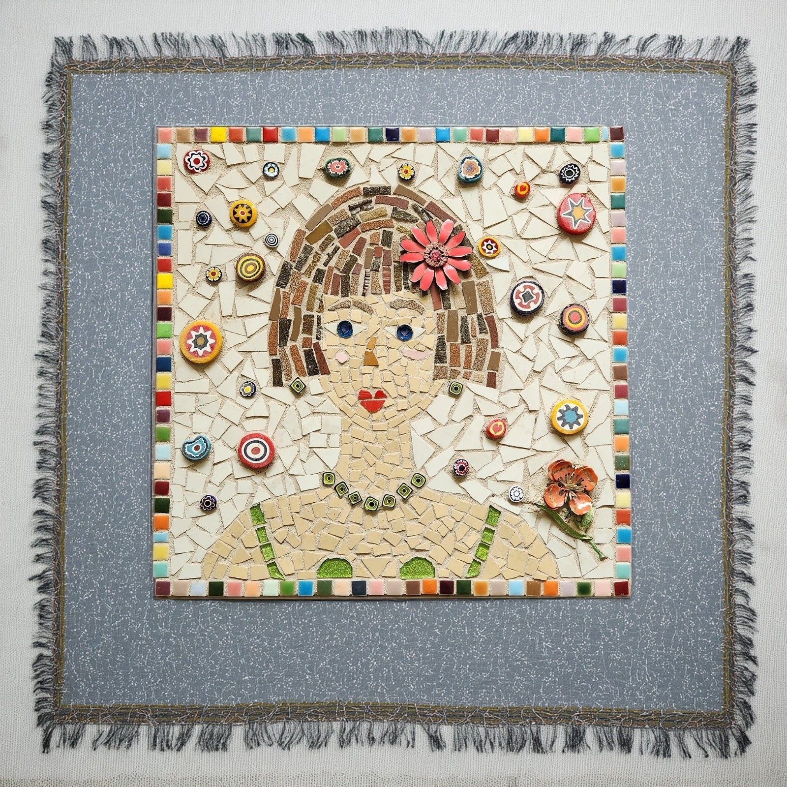 13×13″ Handmade Mosaic Portrait Wall Art, Colorful Folk Art Woman Tile Panel
