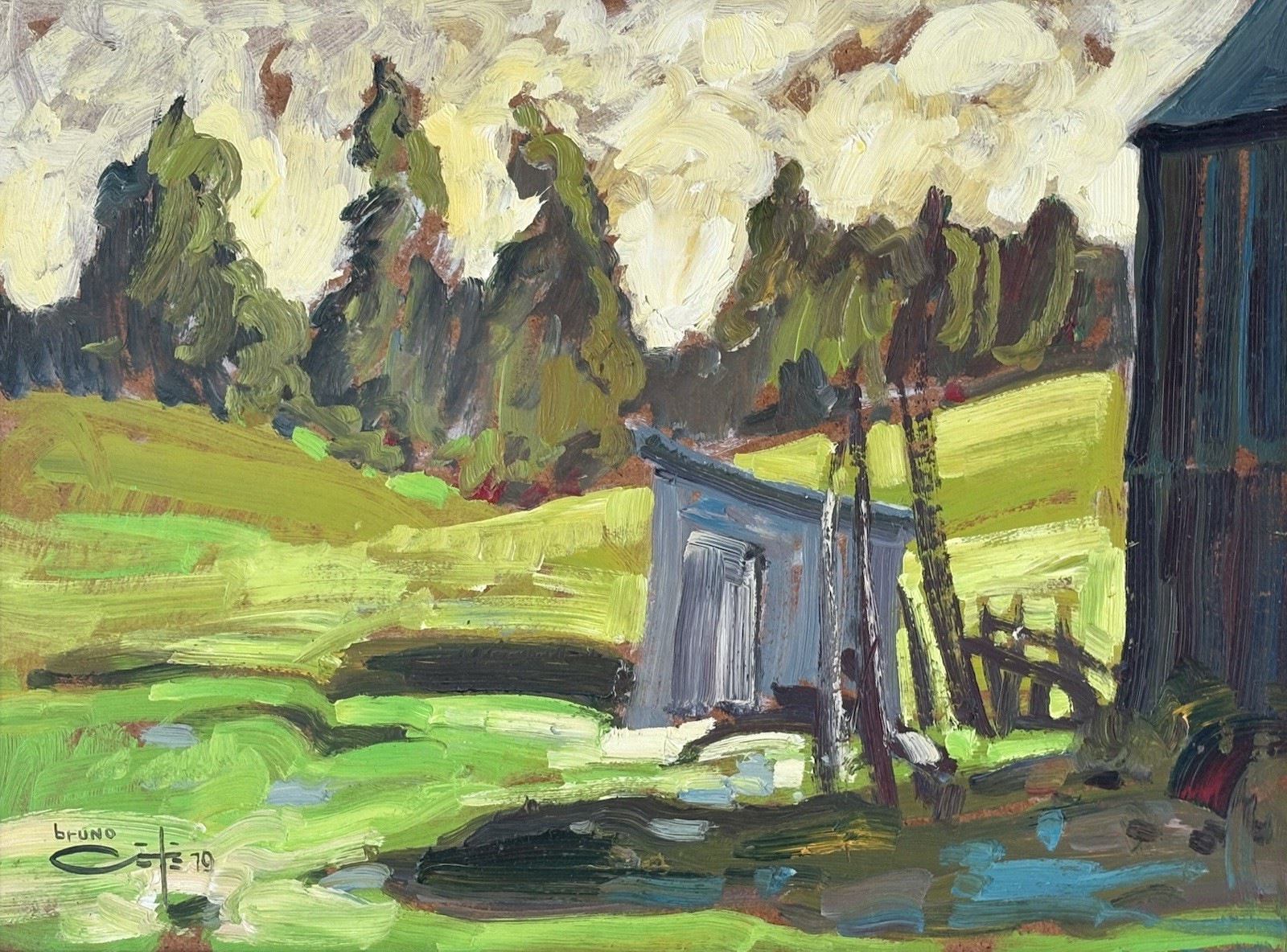 Tableau Bruno Cote, ( 1940-2010 ). Huile sur panneau signée, 12×16 pouces.