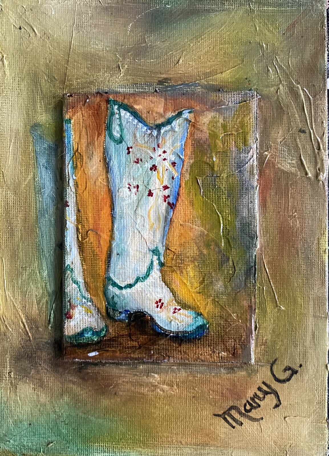 teal green boots original oil painting gessoed masonite with easel by artist