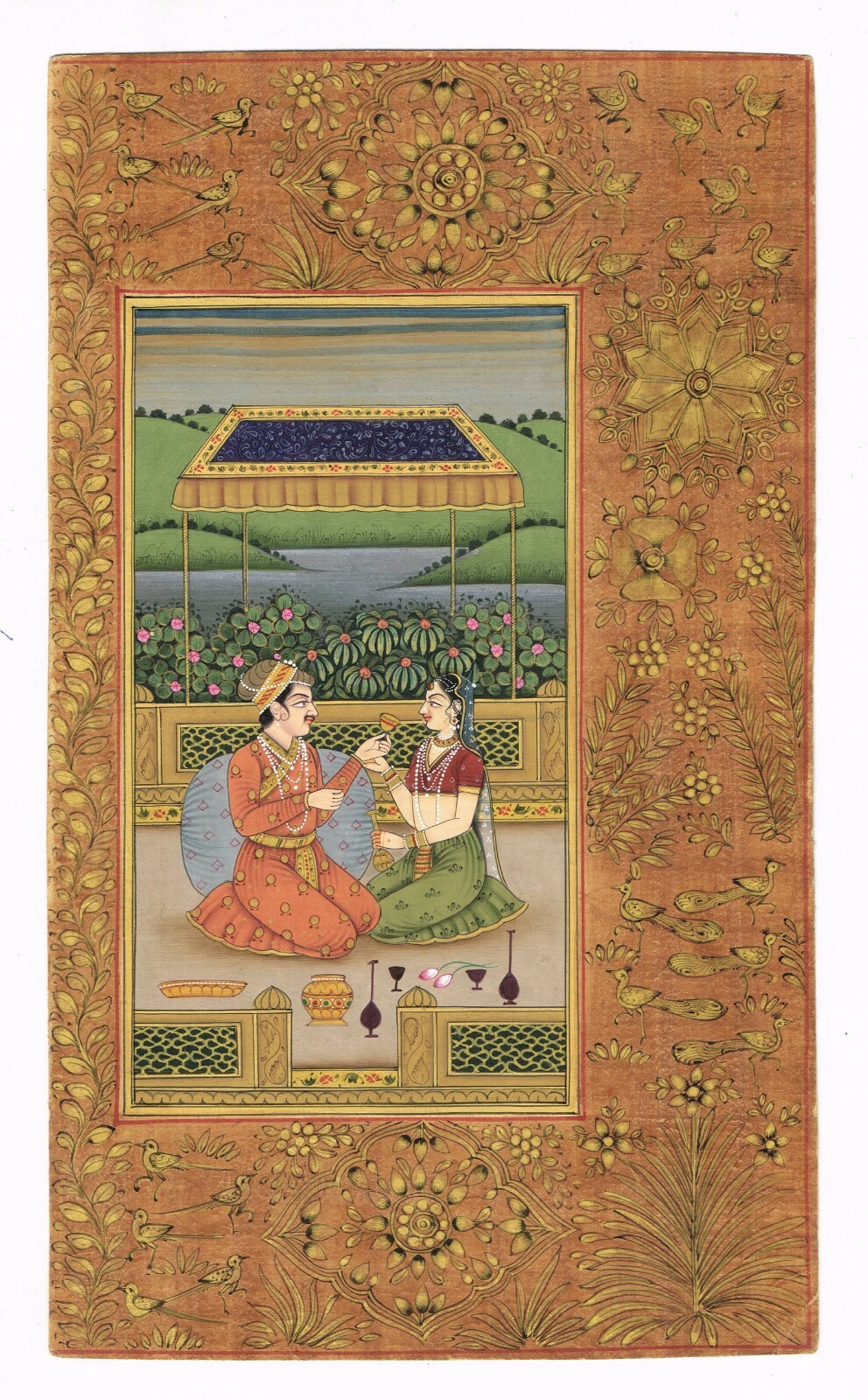 Miniature Painting Of Mughal Emperor And Empress In Love Scene Art 4.5×8 Inches