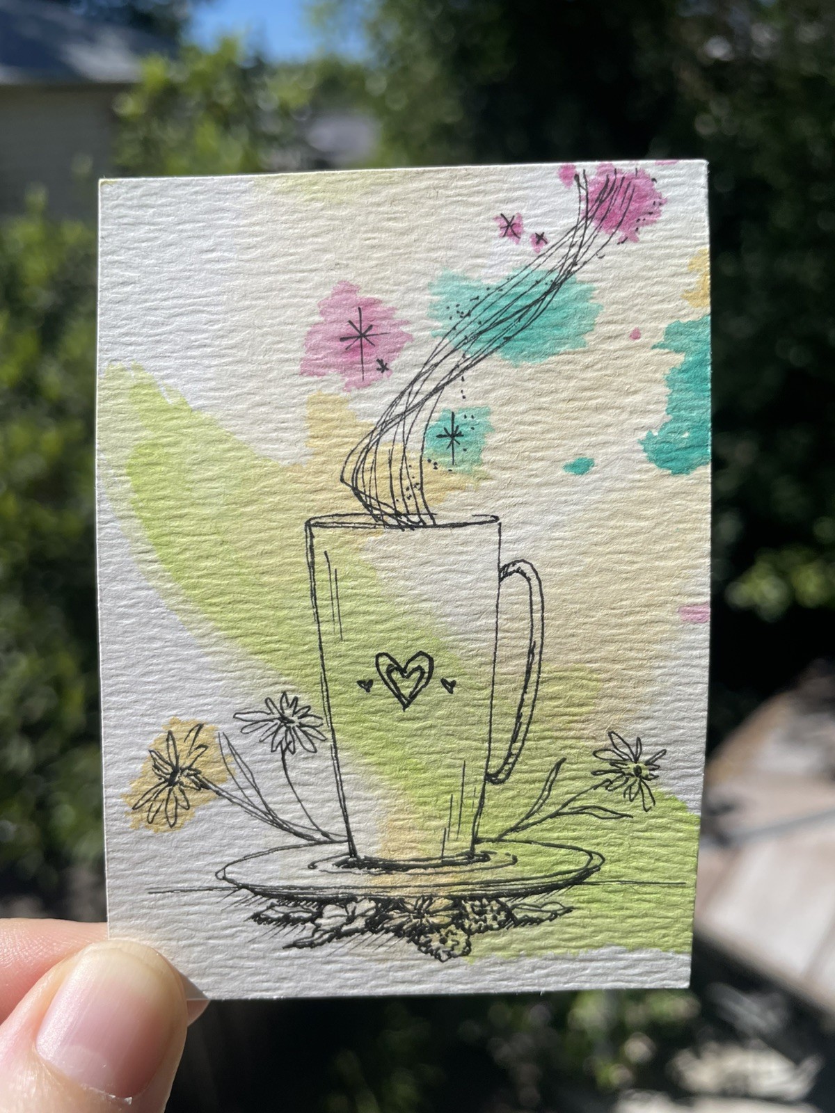Hearts Teacup Watercolor ACEO original painting fairy stars magic OOAK love