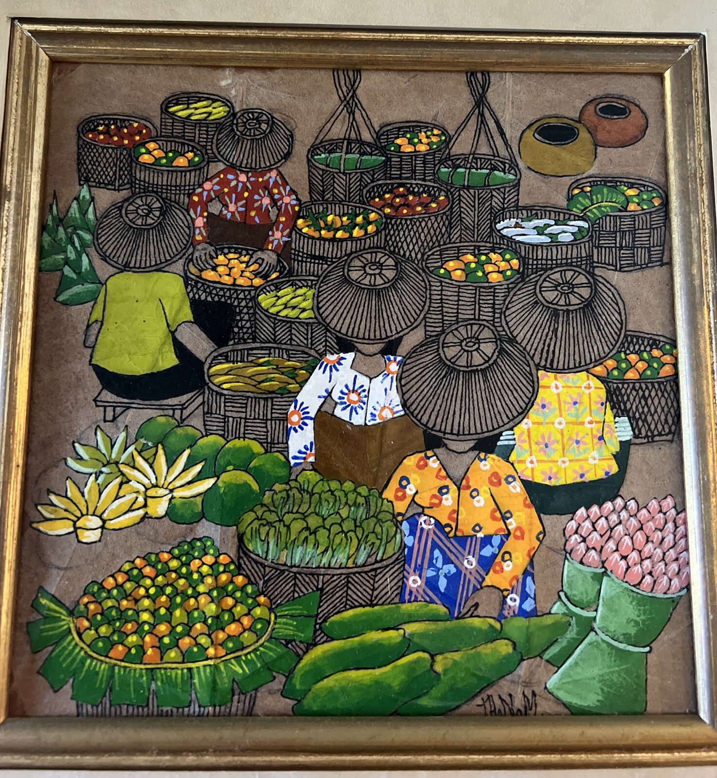 Asian Thai Expressionist Leaf painting-Artist Thanom-Vintage-Mid Century Modern