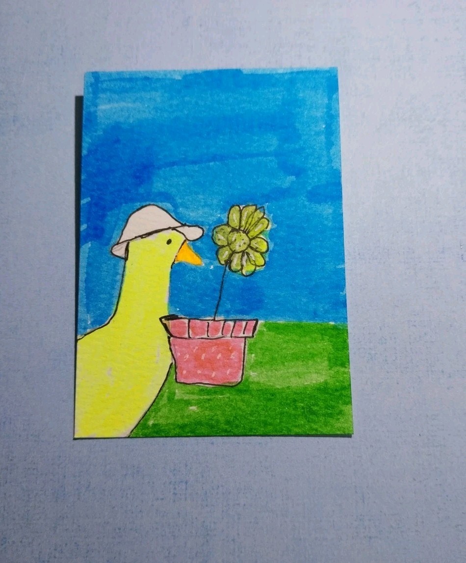 Duck Flowers Art 3.5 X2.5 Impressionist Original Painting Whimsical Animals Aceo