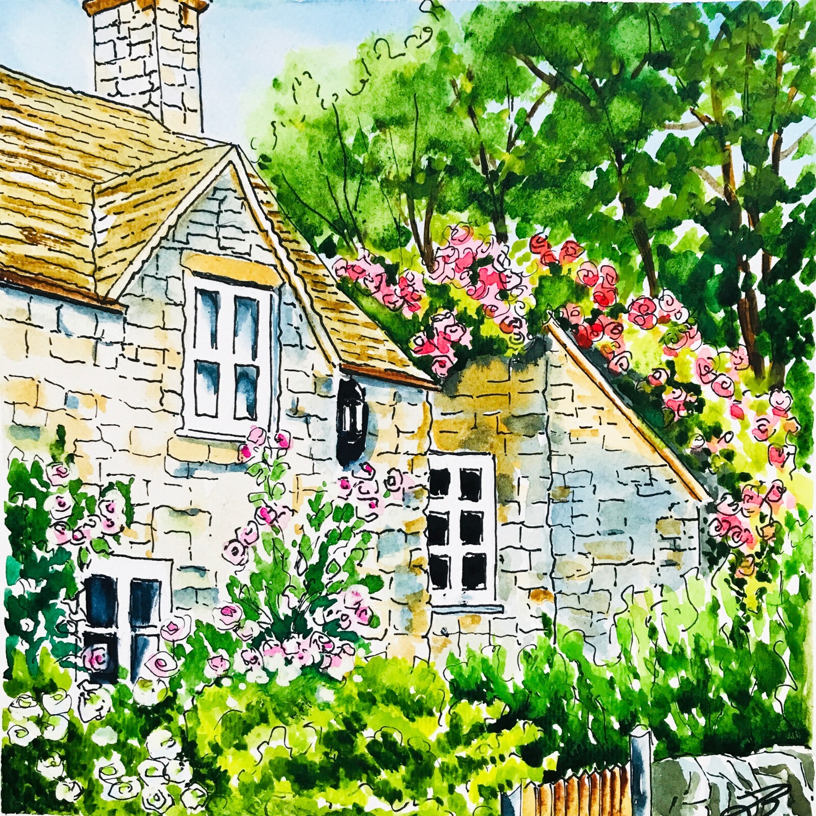 Original Artwork English Cottage Watercolor Wall Art Gardens Houses Art 8 x 8″