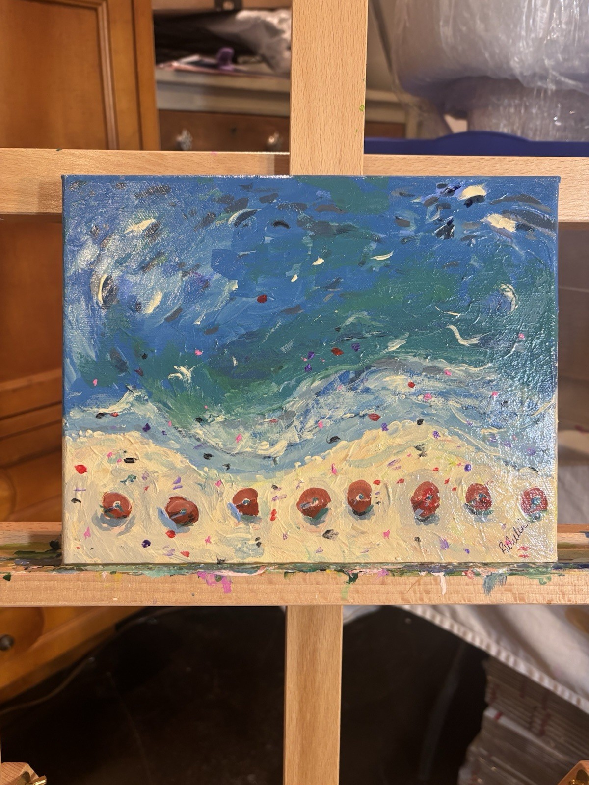 Umbrellas On Beach Landscape 8×10 Abstract Impression Original Fine Art Canvas