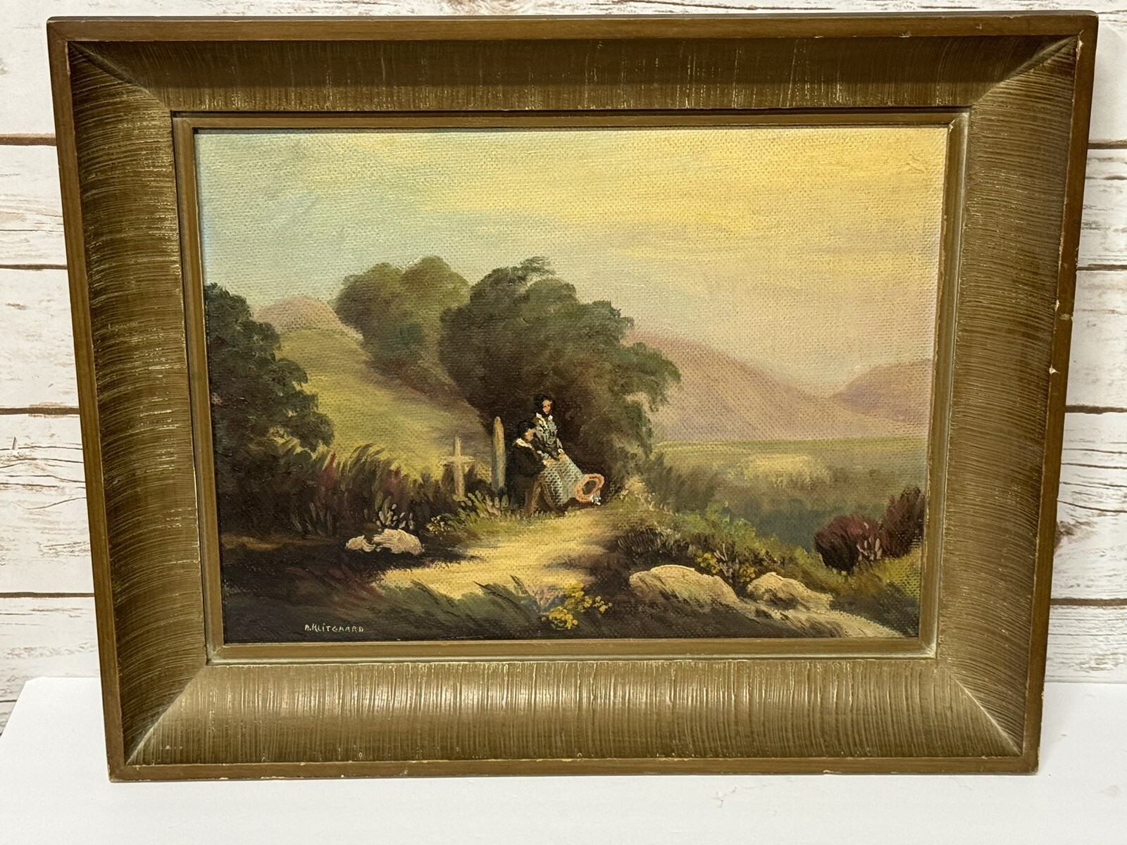 Early 1900’s Oil Painting On Board Mourning At Burial Site Signed Klitgaard