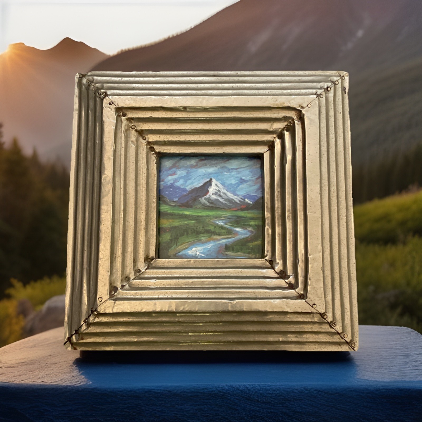 Vntg Small Landscape Painting Original Mountain River Handmade Metal Frame