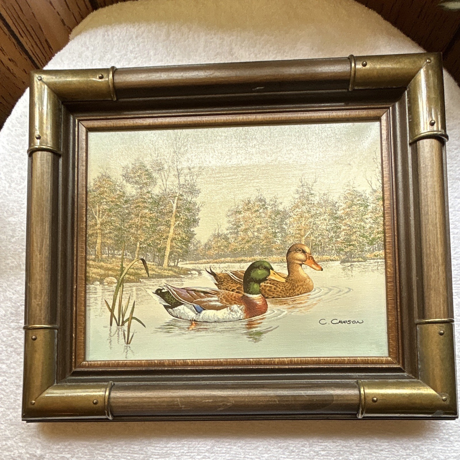 C. Carson Signed Framed Ducks Pond Landscape Painting on Canvas, Bamboo Style
