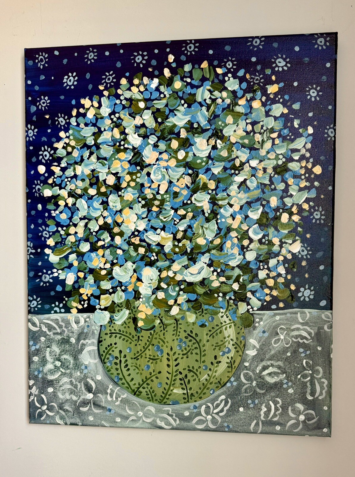 Floral Folk Art Still Life Original Art Painting Blue and White Flower on Lace