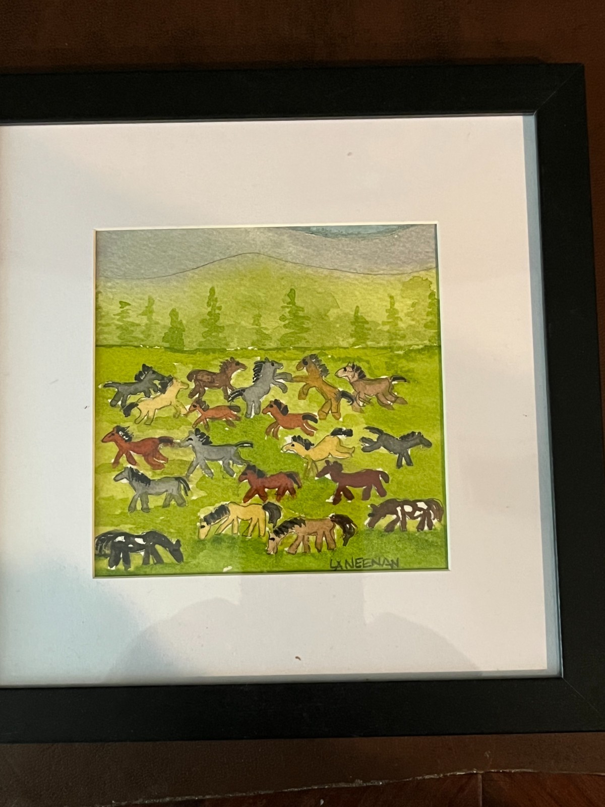 Horses Galore Orig. Watercolor Mini Folk Painting Matted, Framed and Signed 1