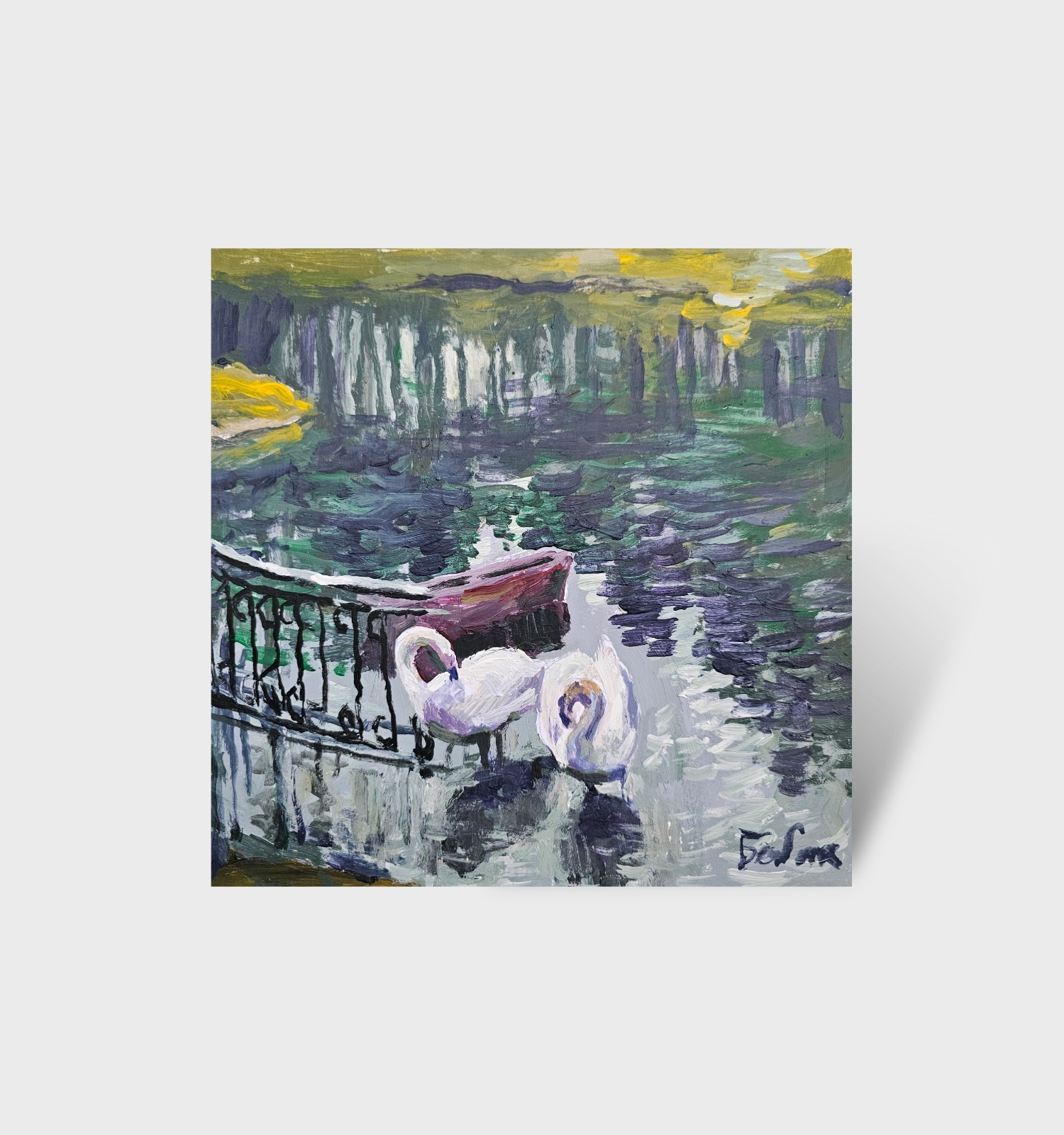 Oil painting Swans Ukrainian painter canvas Unframed original Decor landscape