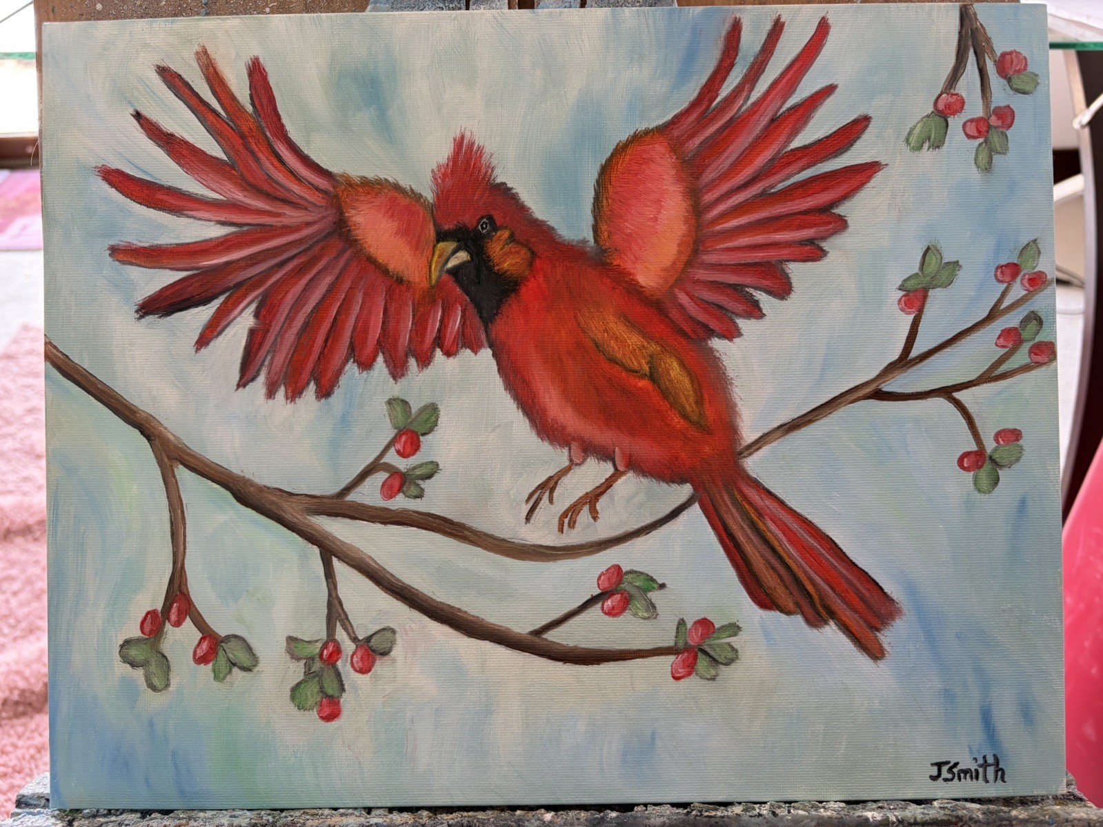 Original oil painting art on canvas 11 x 14 in portrait red bird cardinal
