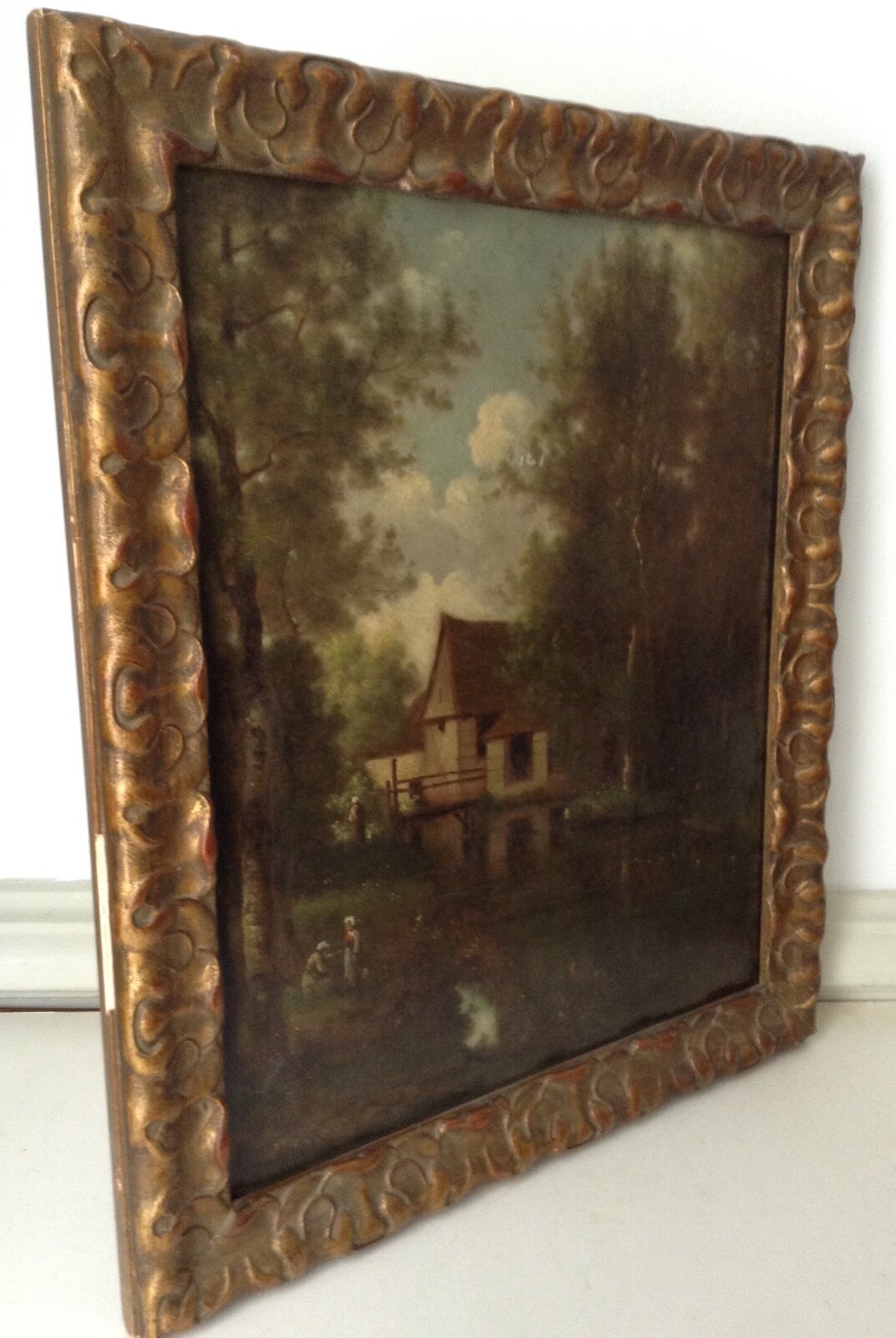 19th Century Andre Julien PREVOST Signed Pupil of COROT Women River Oil on Panel