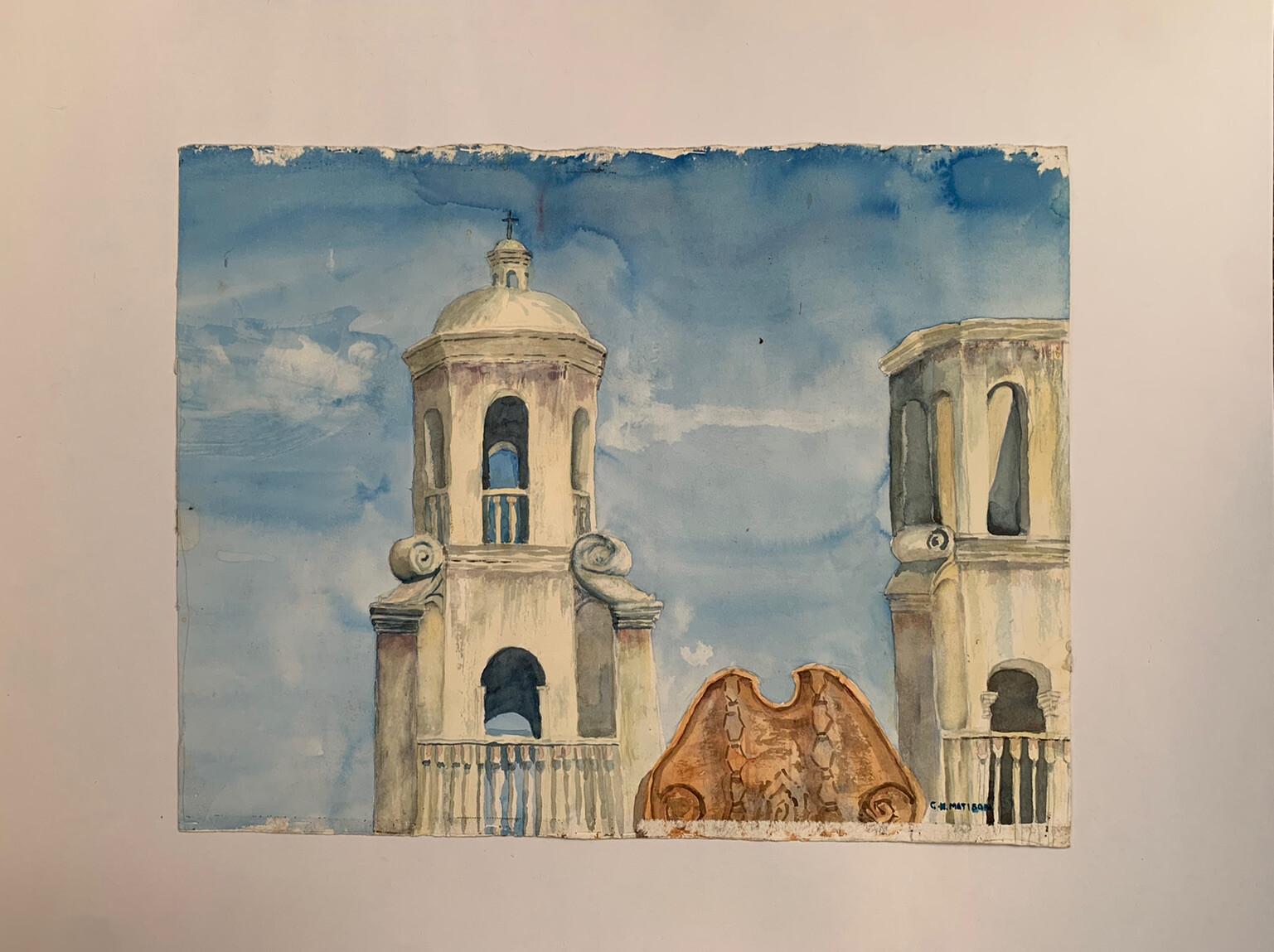 DOUBLE SIDED PAINTING MISSION SAN XAVIER DEL BAC ARIZONA AND CANYON LANDSCAPE