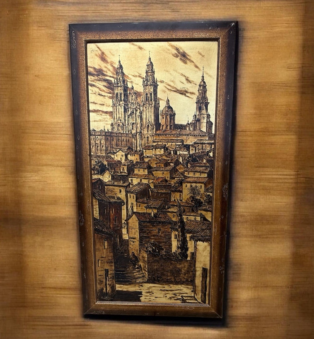 VTG Cathedral Santiago de Compostela Spain Oil Painting On Board Framed M Castro