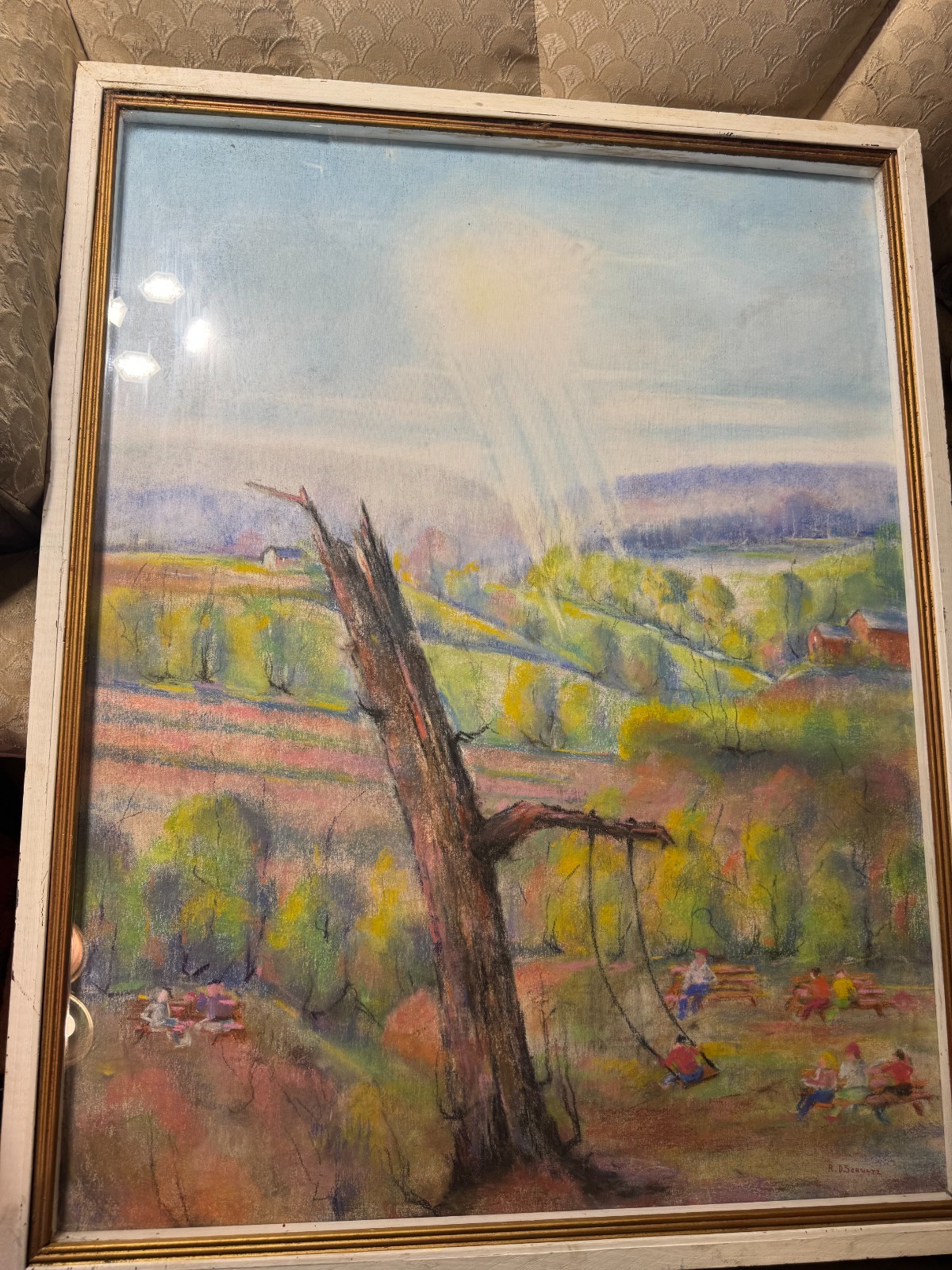 Huge Richard D. Schultz (1915 – 2007) «Children In Park» Pastel Painting -Framed