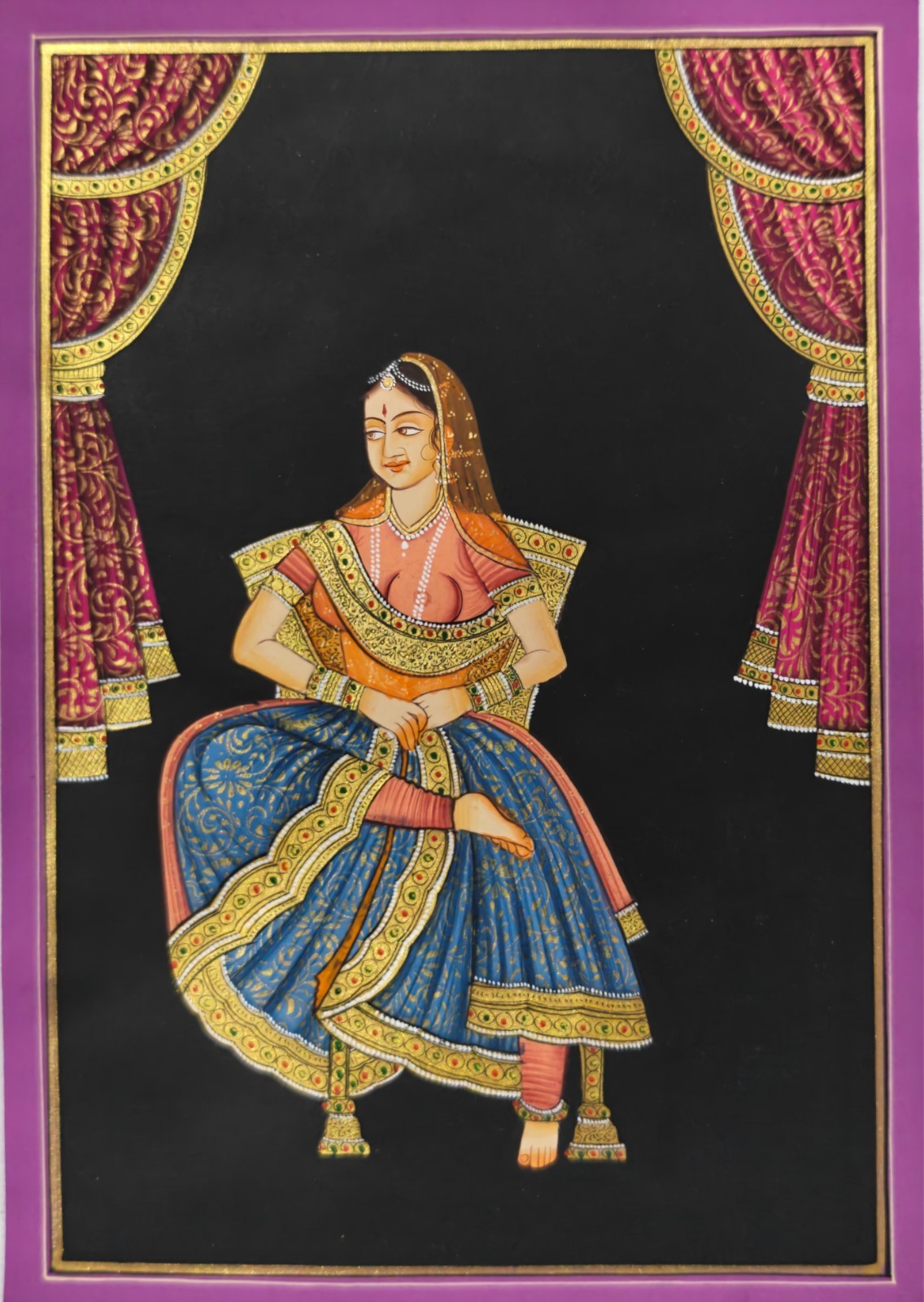 Exquisite Indian Royal Lady Silk Painting Ethnic Wall Art Bohemian Home Decor