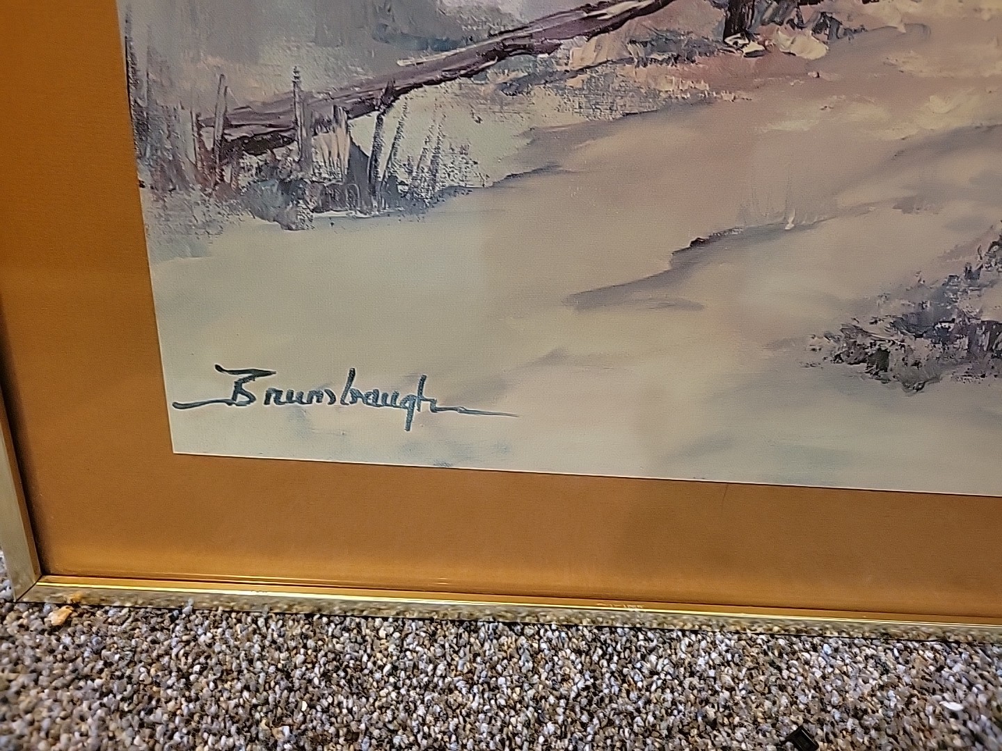 Watercolor Snow Scene Painting Signed Brumbaugh Framed Winter Landscape
