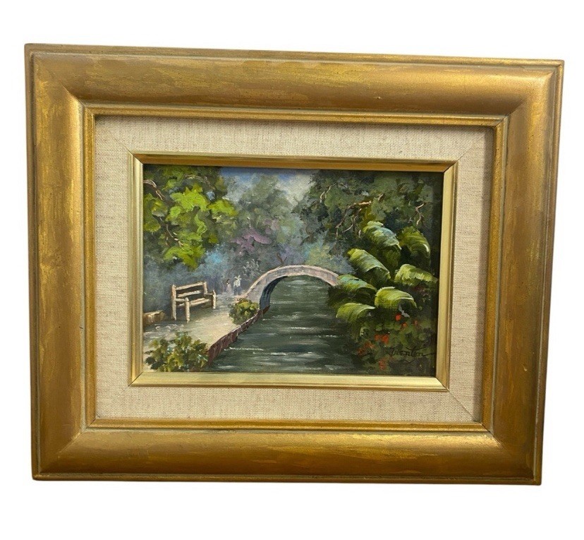 Original Signed Louise Trenton Oil On Canvas Framed & Matted Painting Park Scene