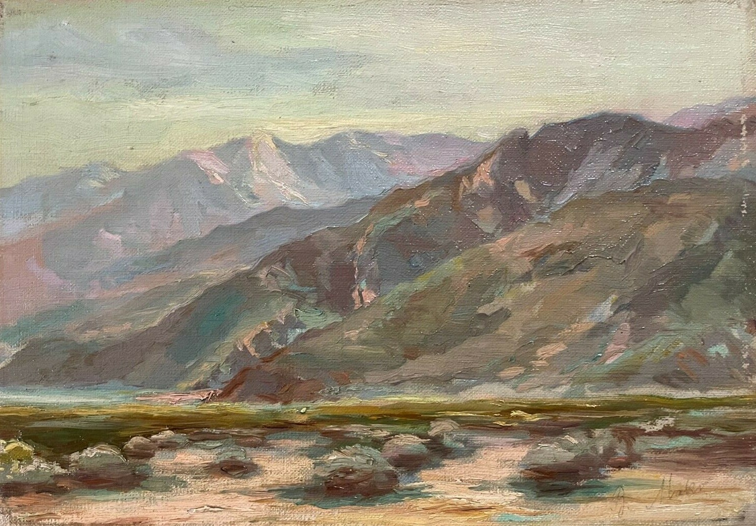 «Entering Palm Springs» Painting by MAKO, Coachella Valley Desert, 1940’s,