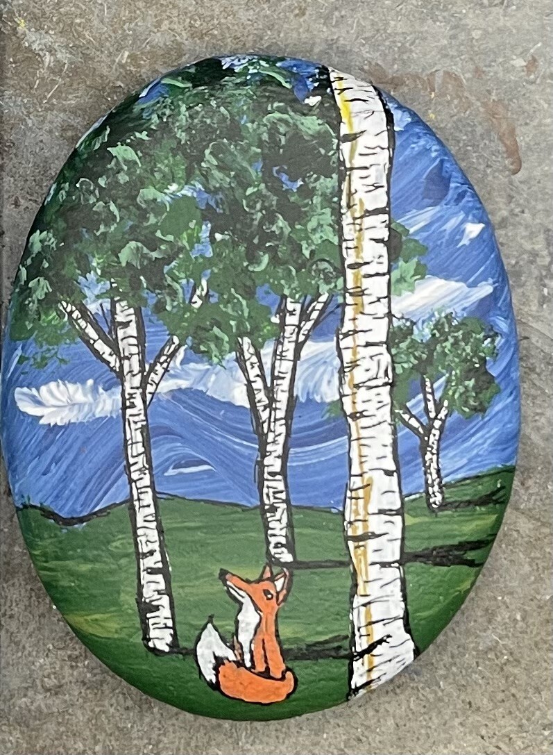 HAND PAINTED RIVER STONE ART «Nature Scene Fox » by Yellow Paw Collectible Rocks