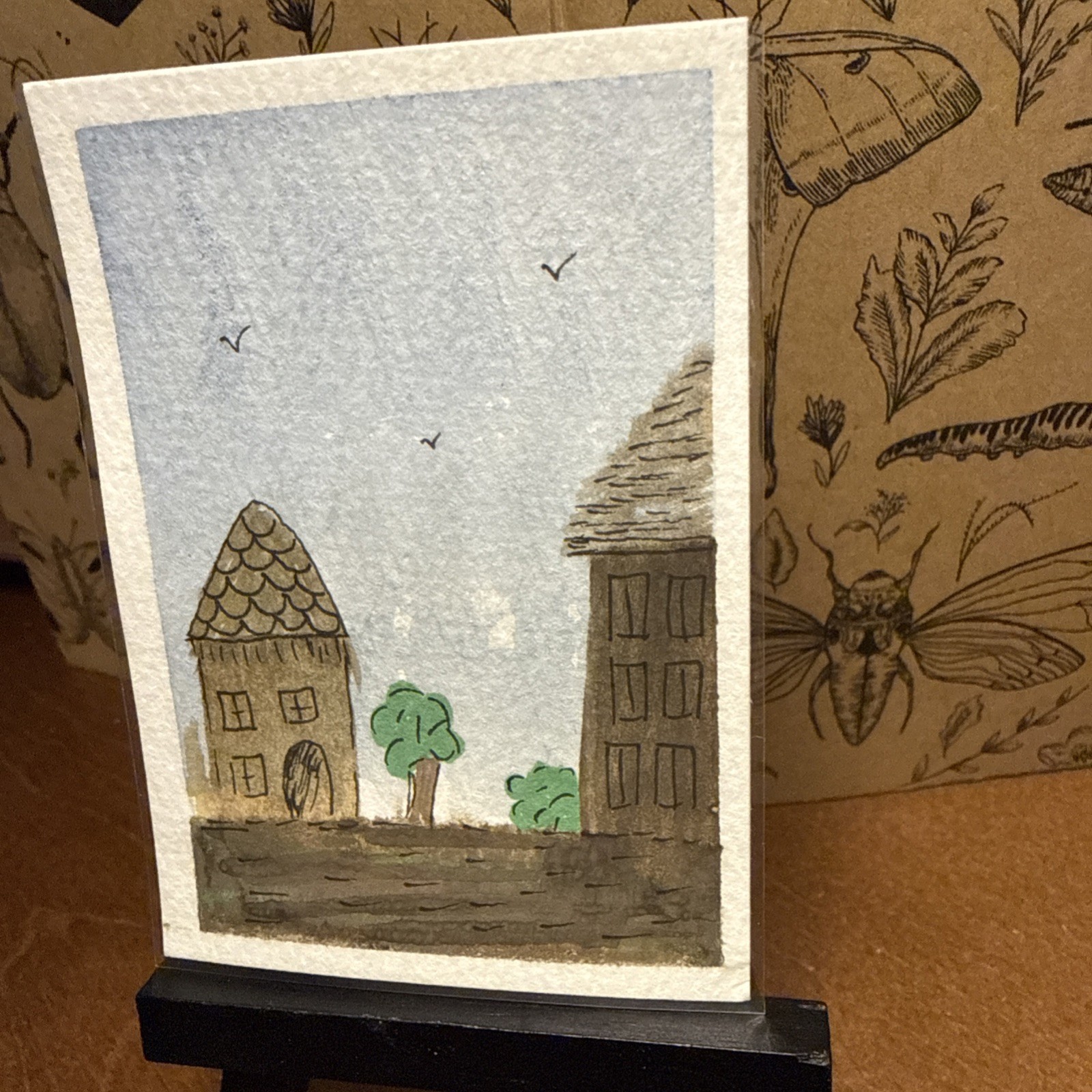 Original ACEO Art Card – Whimsical Village Scene – OOAK Miniature Painting