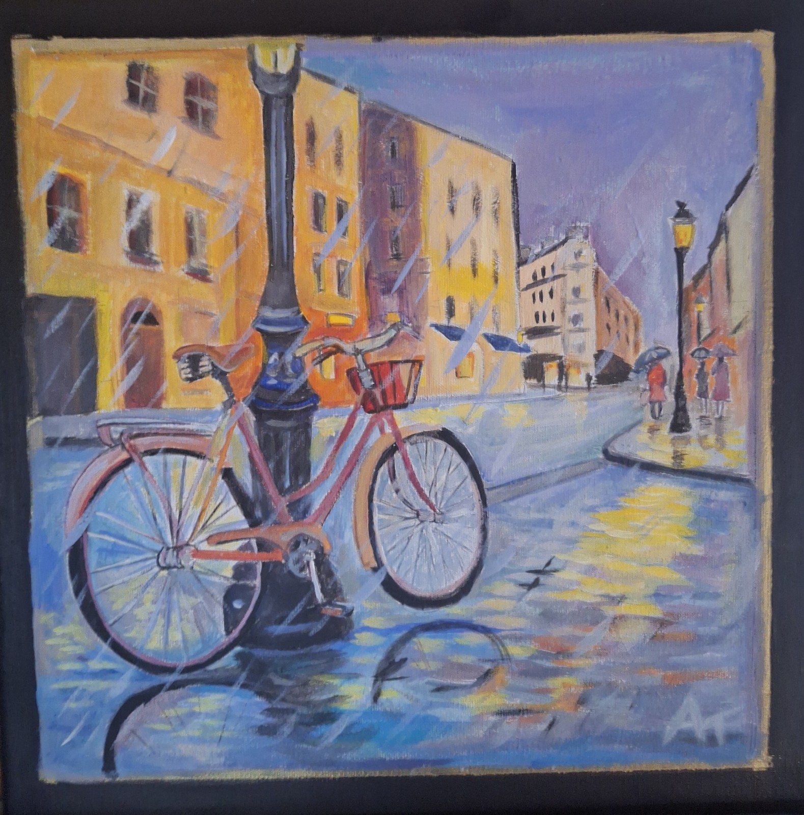 Original Painting 12×12 Rainy Bicycle Acrylic Canvas Signed Contemporary Decor