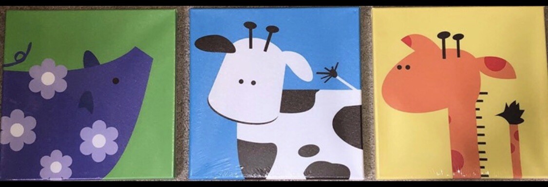 GTG Natural Animal Nursery Kids Pig Cow Giraffe Canvas Framed Wall Art Set Of 3