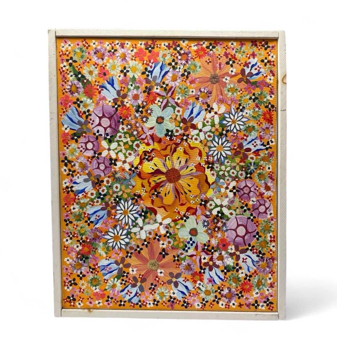 Vintage 1969 Multicolor Flower Power Pop Floral Painting on Canvas 24×30 Framed