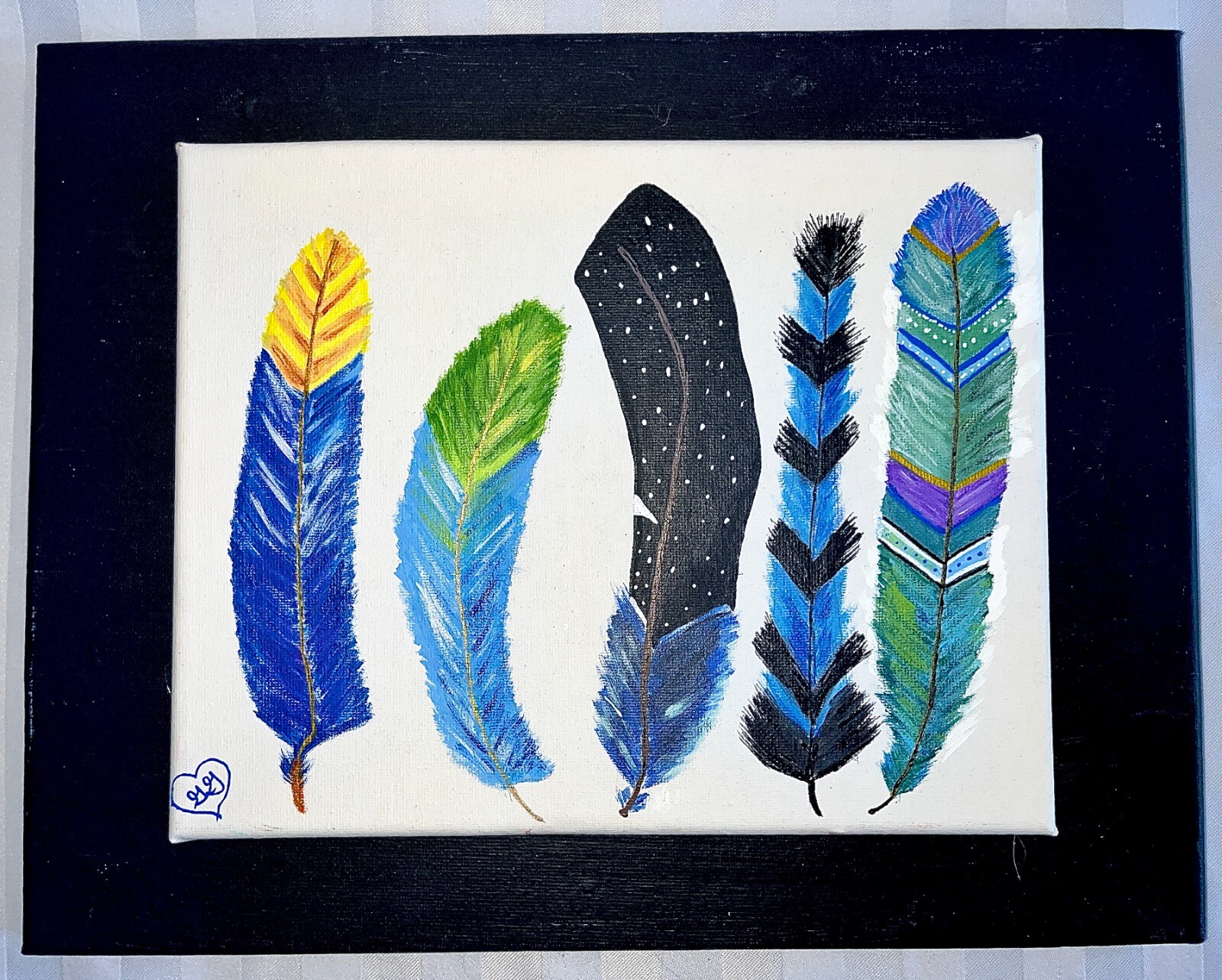 Oil Painting on Canvas Original Signed «Feathers» Still Life 14×10