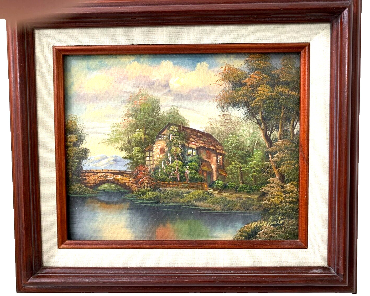 Original Oil Painting on Hard Board House Pond Landscape Scene Signed M. Webeter