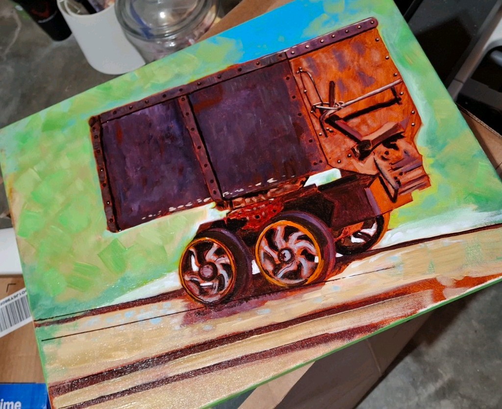 Mine Car Original Painting, Abstract ,painted on canvas 16×20″ mining cart⛏️