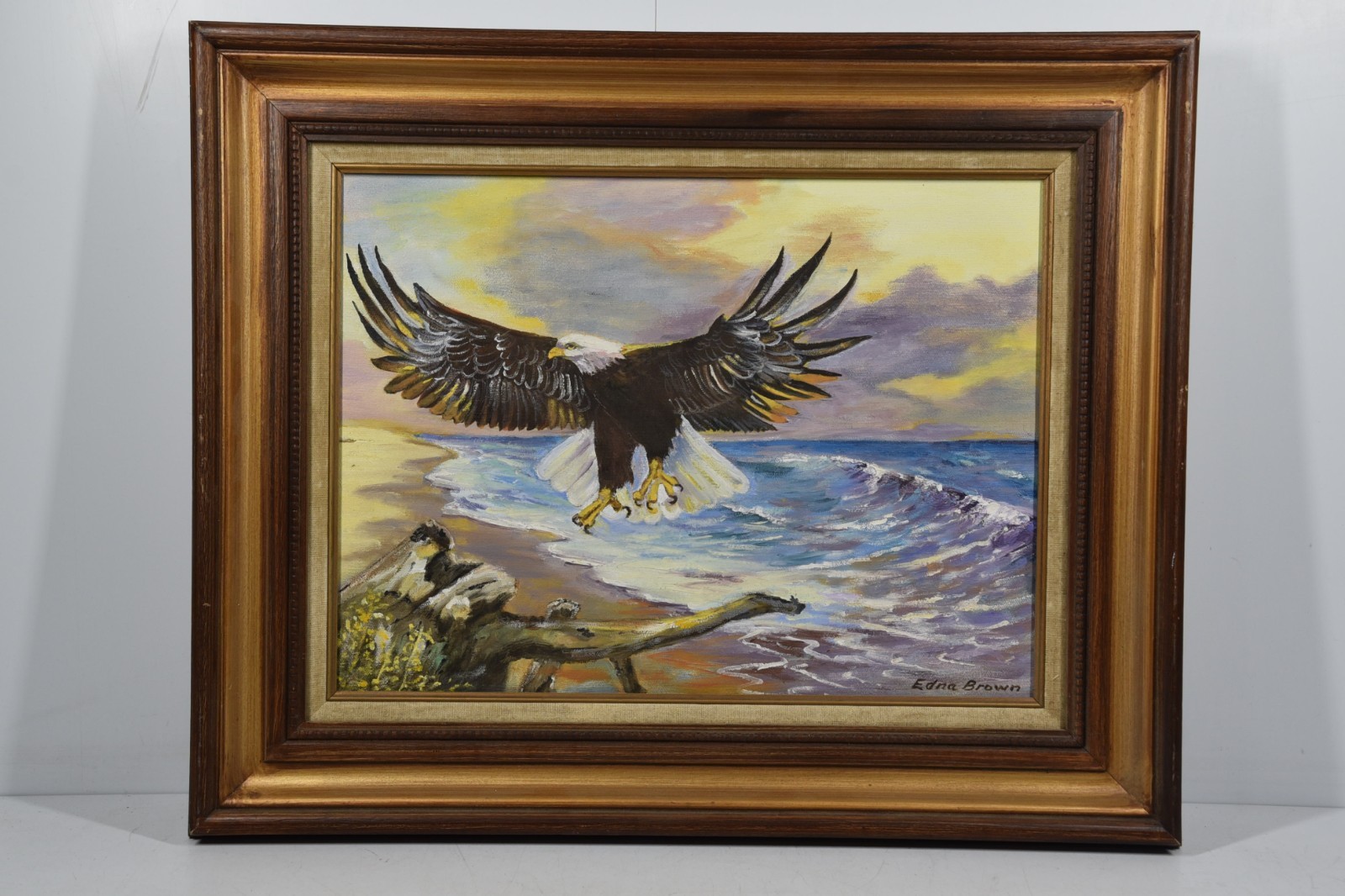 Vintage Bald Eagle Flying by Ocean Beach House Seascape Bird Original Art Framed