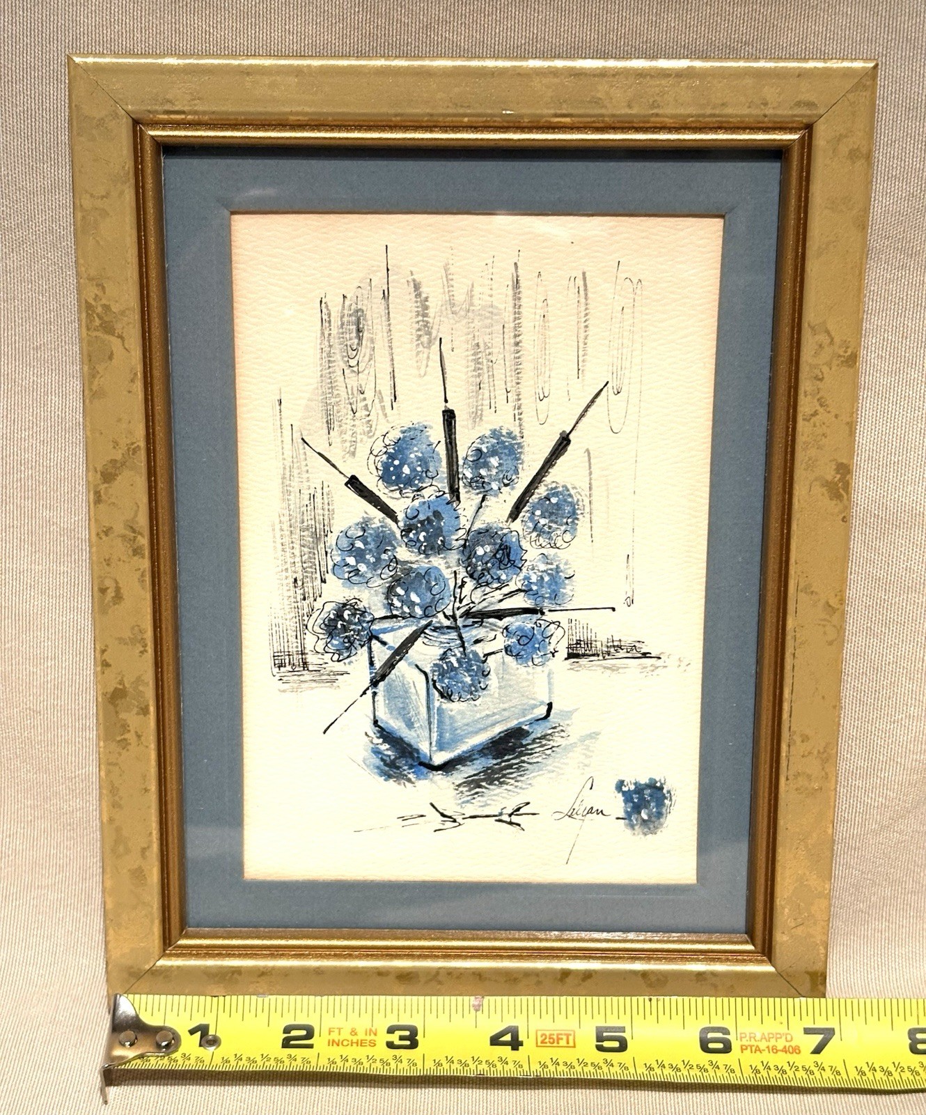 Original Vtg Small Watercolor Painting Gold Framed Art Blue Flowers Floral 9×7