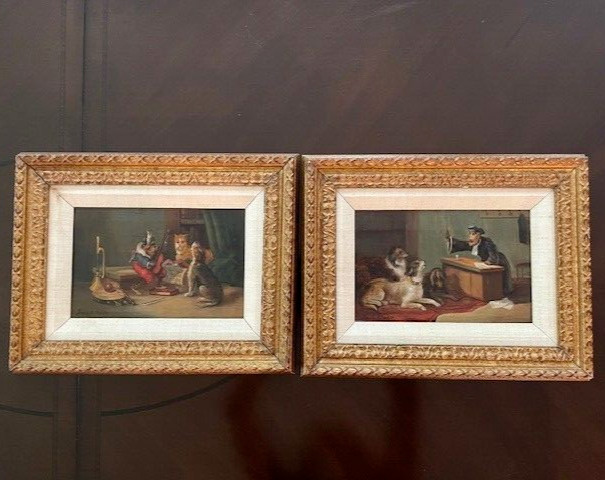 Early Oil Painting Pair, Monkey & Dogs – Animal Antics, Signed