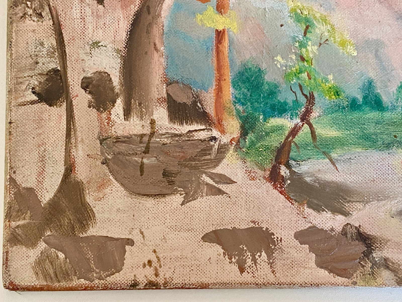 VTG Landscape Painting on Canvas Mountain Lake Trees Sky 14×10″ Yosemite Valley?