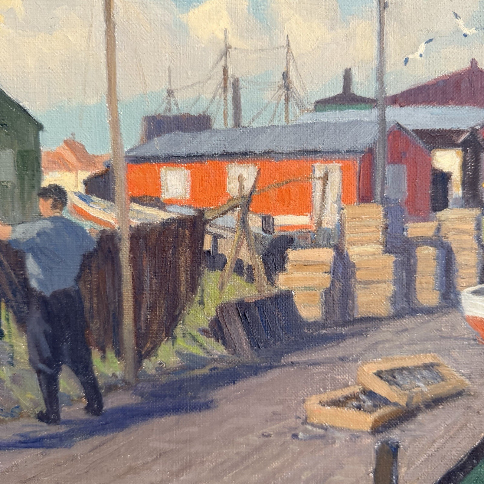 Danish Impressionist Oil Canvas Painting Dock Harbor Scene Boats Signed 1957 MCM