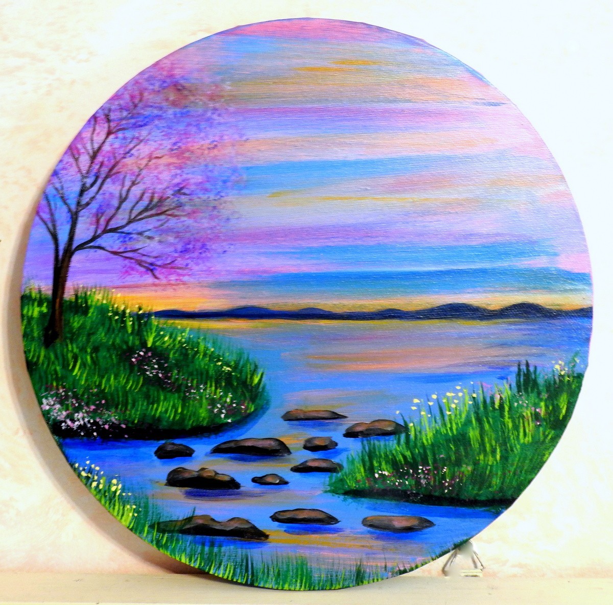 12 Inch Round Landscape Acrylic Painting Summer Sunset on the River Shore