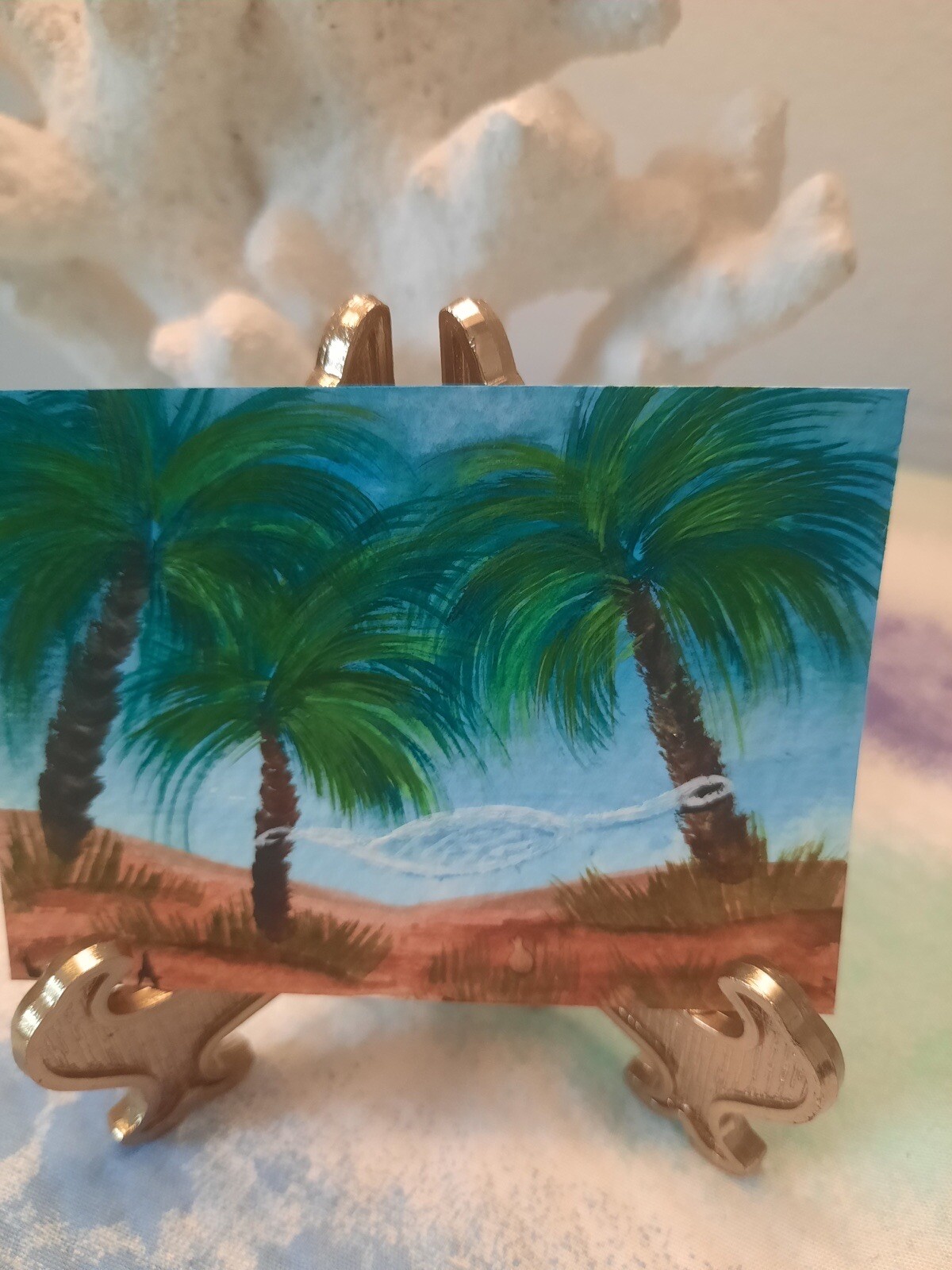 Watercolor ACEO Original Mini Painting 2.5×3.5 Palm Trees Hammock Beach