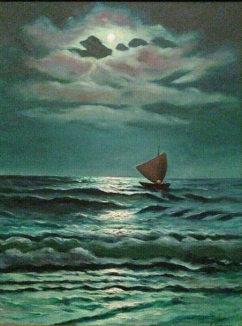 LISTED AMERICAN FRANK FERRUZZA Sd MOONLIT SAILBOAT ORIGINAL OIL on CANVAS FRAMED