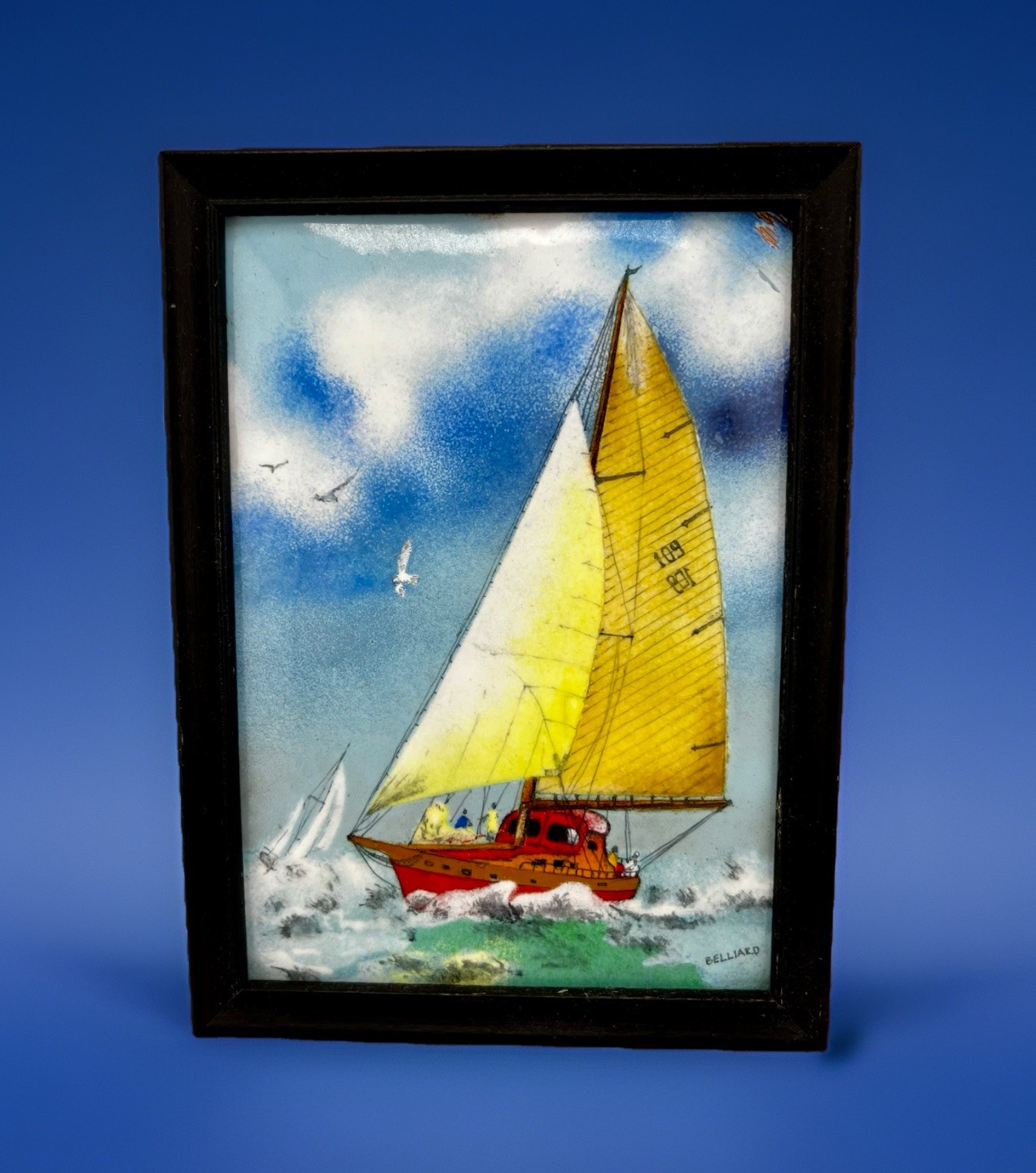 Daniel Belliard Enamel on Copper Small Framed Painting SAILBOAT Ruff Seas READ
